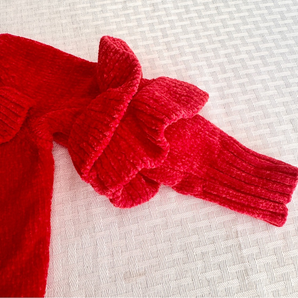 Cat & Jack Girls 3T Red Chenille Ruffle Sleeve Sweater Valentine Cozy Pullover - Picture 5 of 6